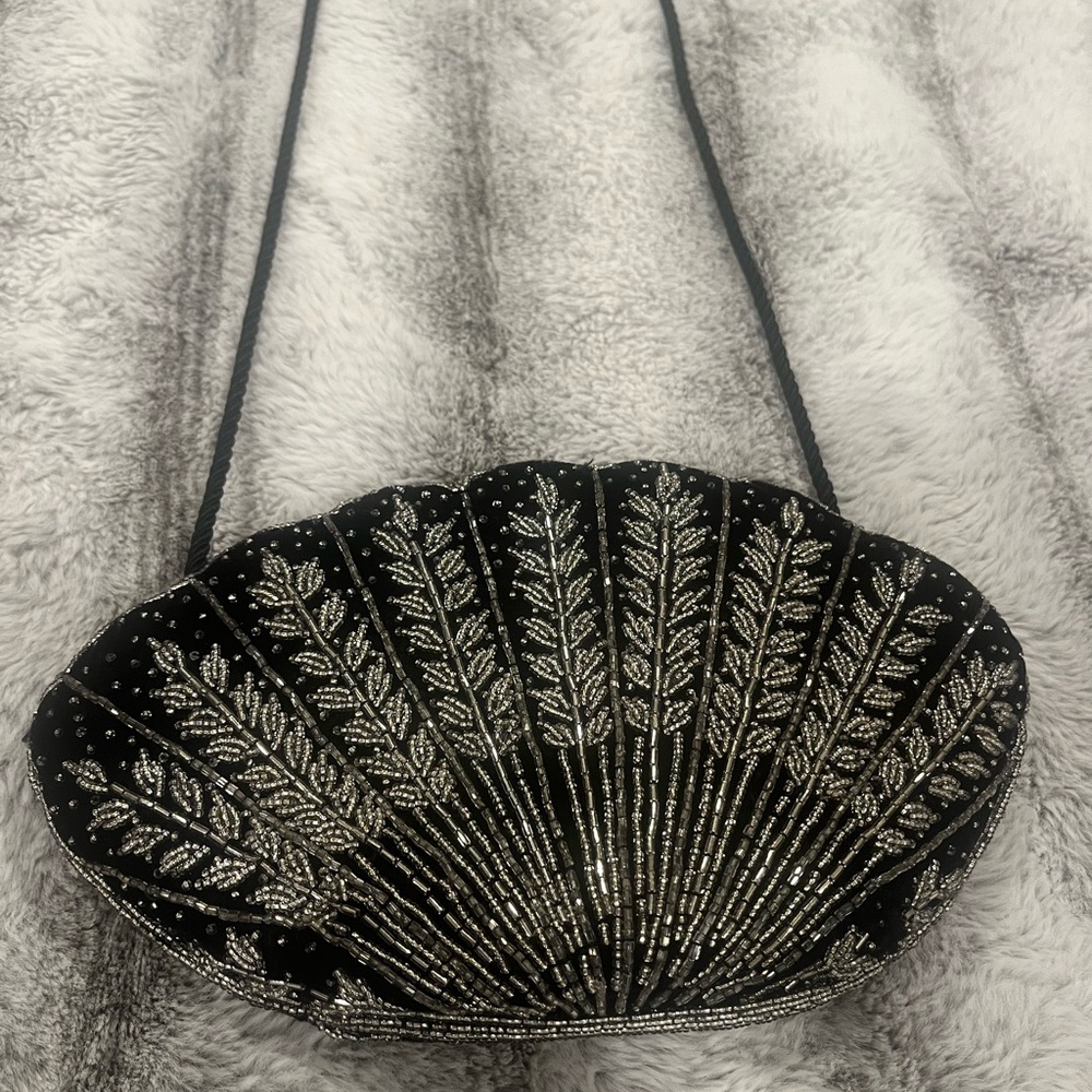 Vintage black velvet beaded shell shape